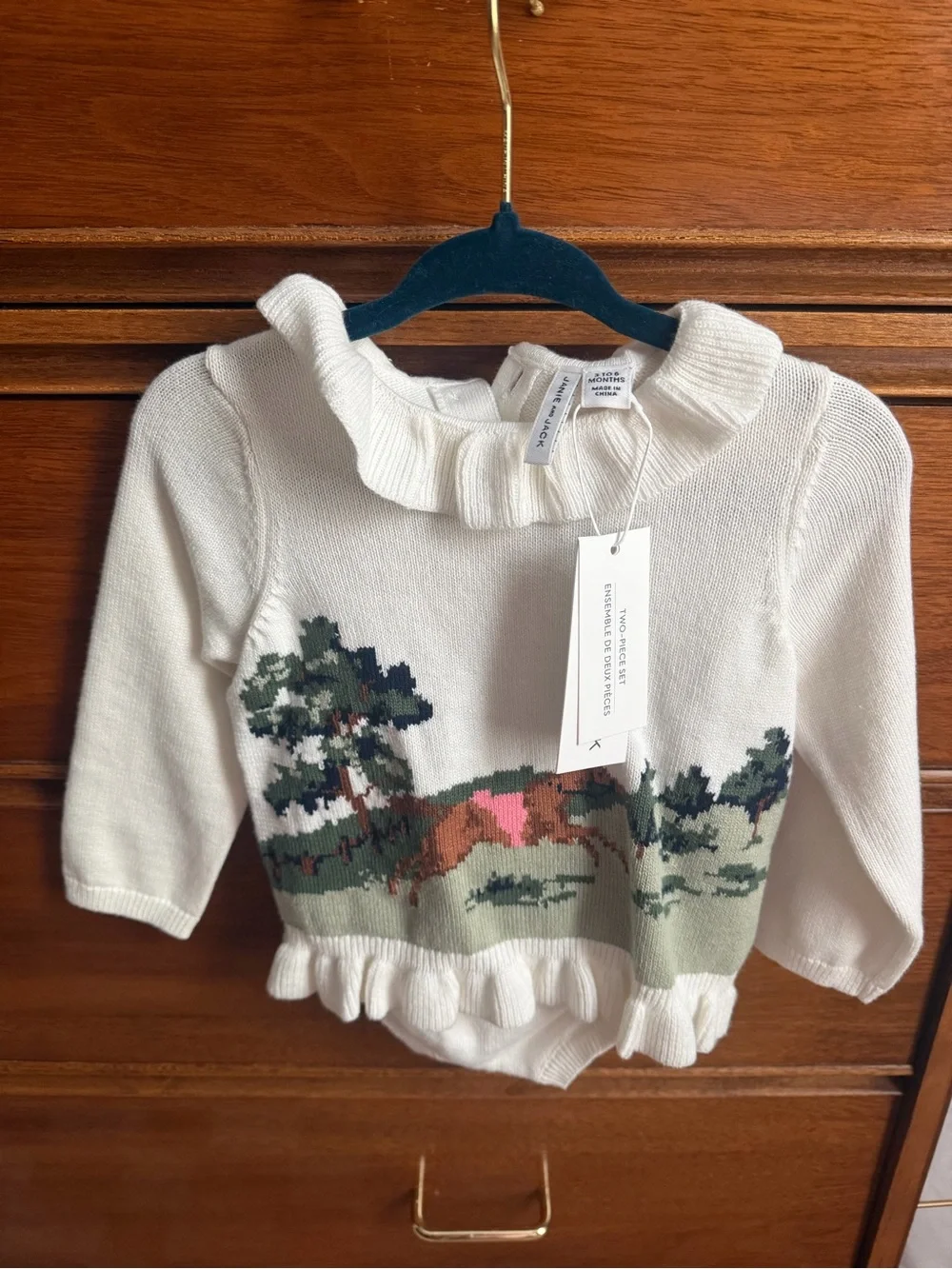 Janie and Jack Cream Ruffle-Neck Sweater with Scenic Horse Intarsia